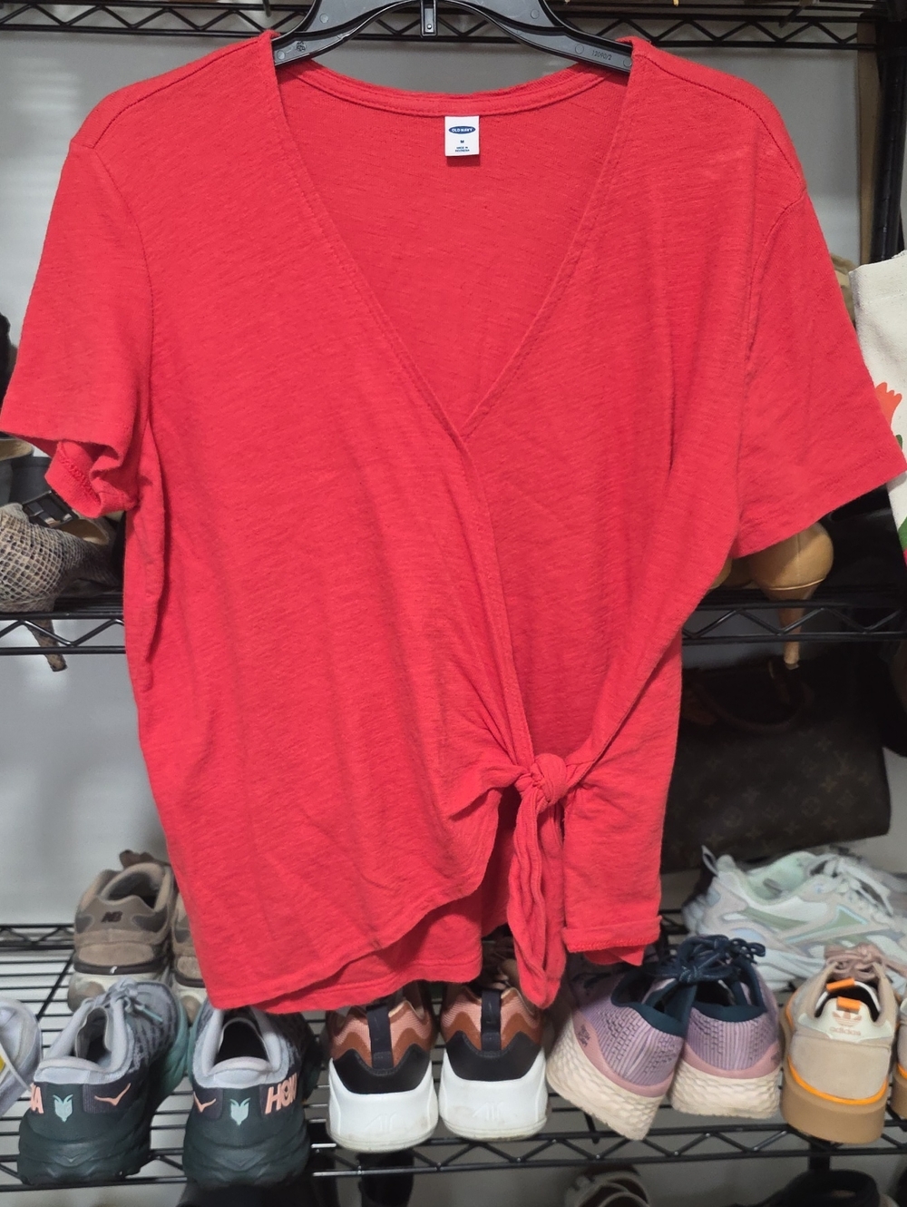 Old Navy Coral-Red V-Neck Tie-Front Short Sleeve Tee